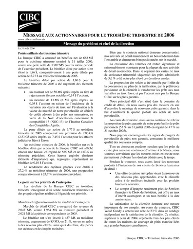 Thumbnail CIBC (Canadian Imperial Bank of Commerce) Quarterly Report 2006-q3