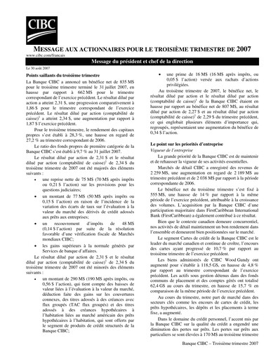 Thumbnail CIBC (Canadian Imperial Bank of Commerce) Quarterly Report 2007-q3