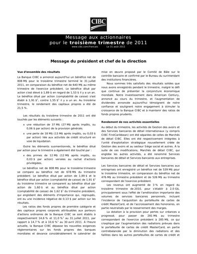 Thumbnail CIBC (Canadian Imperial Bank of Commerce) Quarterly Report 2011-q3