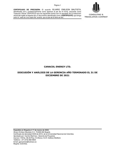 Thumbnail Canacol Energy Financial Report 2021