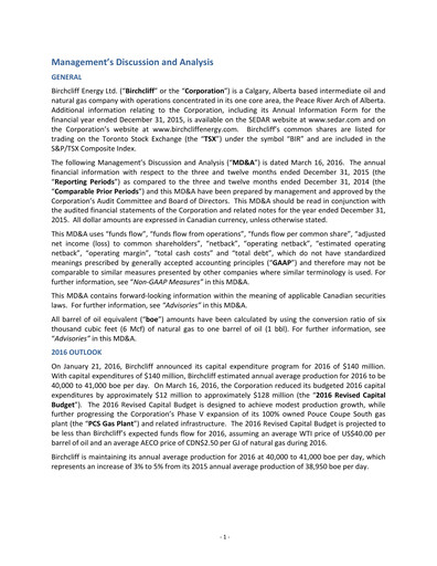 Thumbnail Birchcliff Energy Financial Report 2015