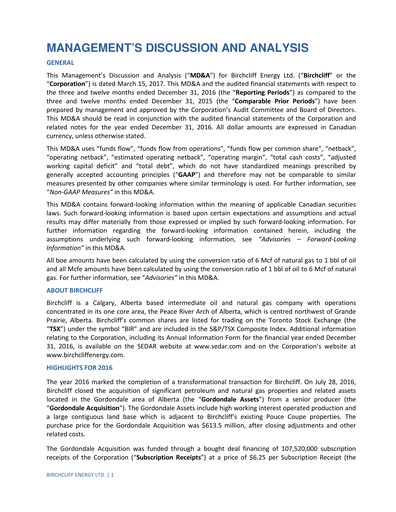 Thumbnail Birchcliff Energy Financial Report 2016