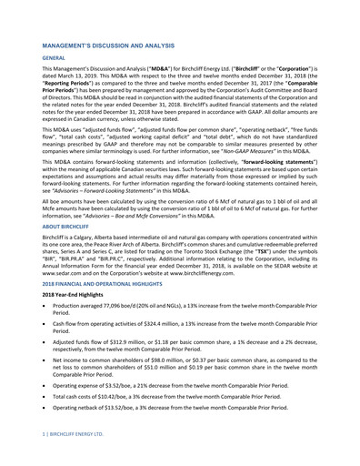 Thumbnail Birchcliff Energy Financial Report 2018