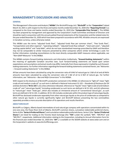 Thumbnail Birchcliff Energy Financial Report 2020