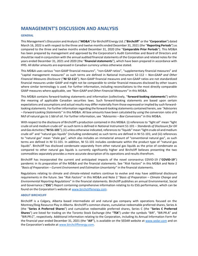 Thumbnail Birchcliff Energy Financial Report 2021