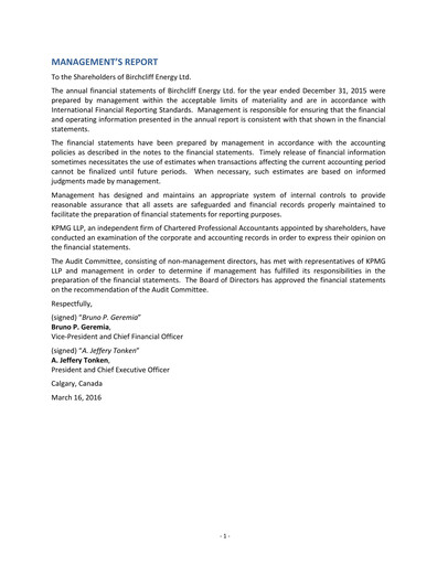 Thumbnail Birchcliff Energy Financial Statement 2015