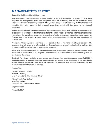 Thumbnail Birchcliff Energy Financial Statement 2016