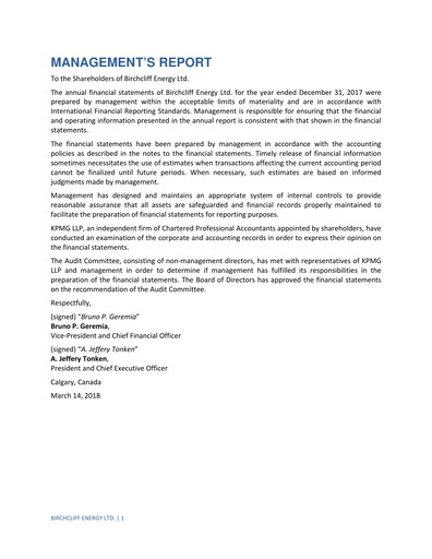 Thumbnail Birchcliff Energy Financial Statement 2017