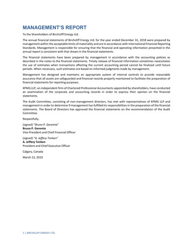 Thumbnail Birchcliff Energy Financial Statement 2018