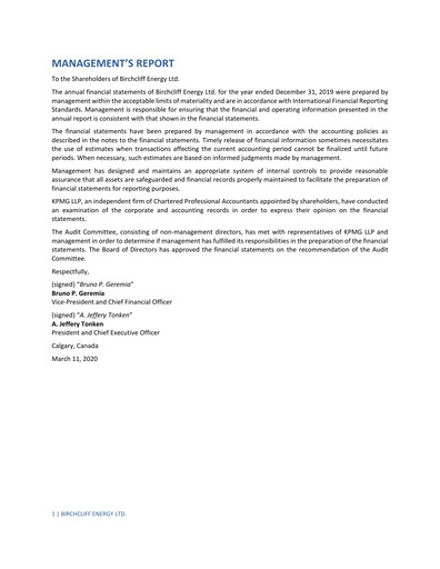 Thumbnail Birchcliff Energy Financial Statement 2019