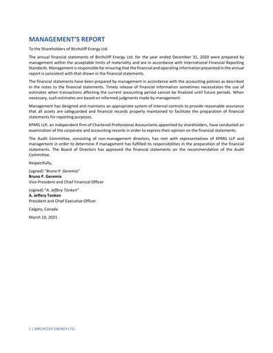 Thumbnail Birchcliff Energy Financial Statement 2020