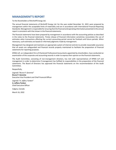 Thumbnail Birchcliff Energy Financial Statement 2021