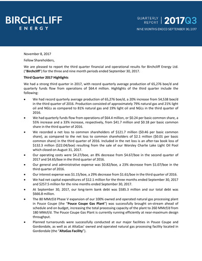 Thumbnail Birchcliff Energy Quarterly Report 2017-q3