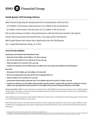 Thumbnail Bank of Montreal
 Financial Statement 2010