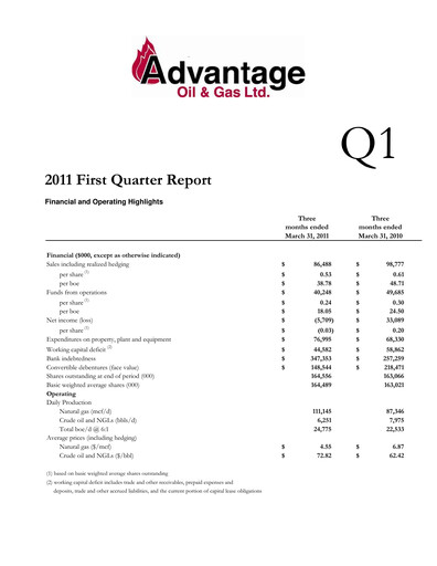 Thumbnail Advantage Energy Quarterly Report 2011-q1