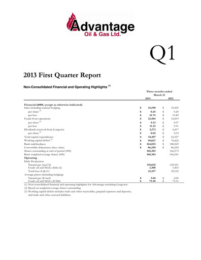 Thumbnail Advantage Energy Quarterly Report 2013-q1