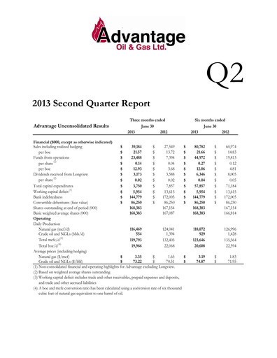 Thumbnail Advantage Energy Quarterly Report 2013-q2