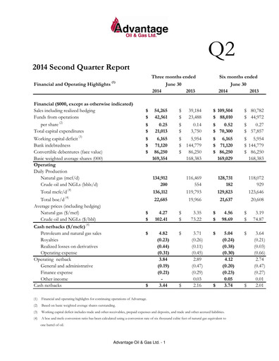 Thumbnail Advantage Energy Quarterly Report 2014-q2