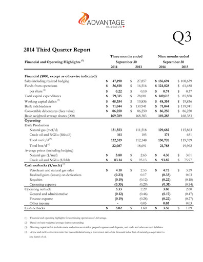 Thumbnail Advantage Energy Quarterly Report 2014-q3