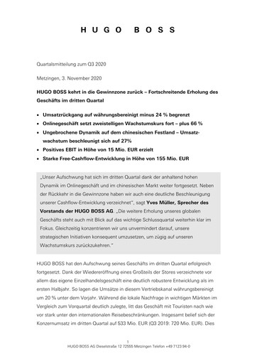 Vorschaubild HUGO BOSS Quartalsbericht 2020-q3