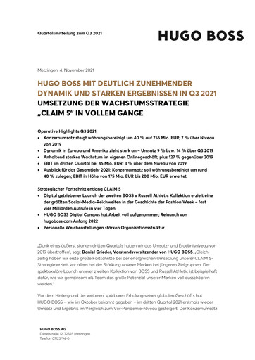 Vorschaubild HUGO BOSS Quartalsbericht 2021-q3