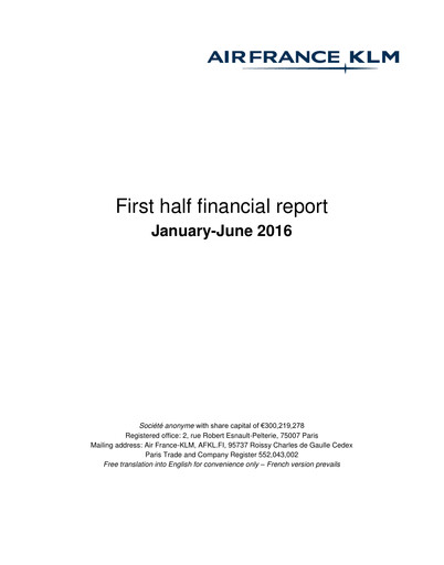 Thumbnail Air France-KLM
 Half-year Report 2016