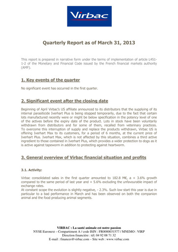 Thumbnail Virbac SA Quarterly Report 2013-q1