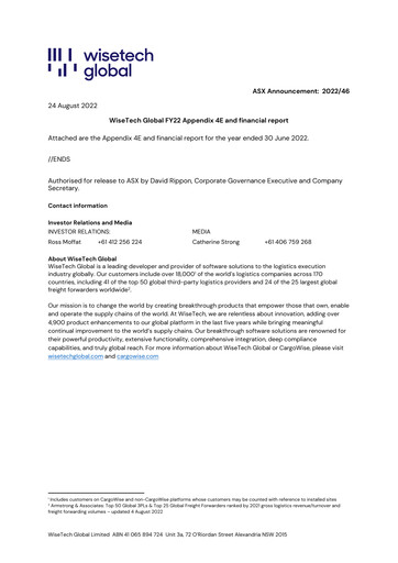 Thumbnail WiseTech Global
 Financial Statement fy2022