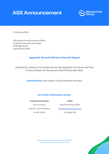 Thumbnail Woolworths Group Half-year Report 2024-h1