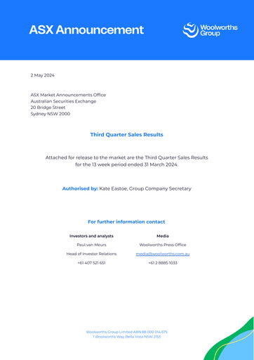 Miniature Woolworths Group Rapport trimestriel 2024-q3