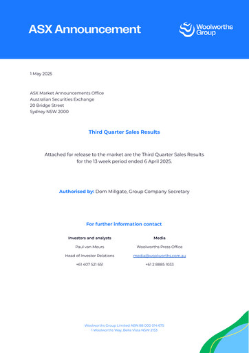 Miniature Woolworths Group Rapport trimestriel 2025-q3