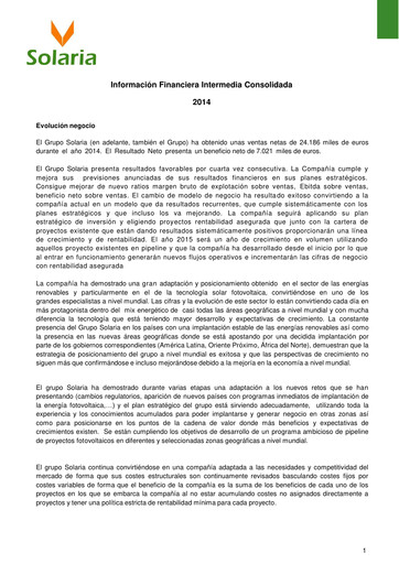 Thumbnail Solaria Energía Financial Report 2014