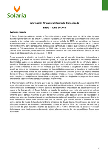 Thumbnail Solaria Energía Half-year Report 2014-h1