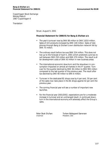 Thumbnail Bang & Olufsen A/S Financial Report 2000-2001