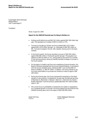 Thumbnail Bang & Olufsen A/S Financial Report 2003-2004