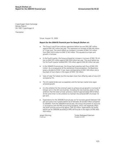 Thumbnail Bang & Olufsen A/S Financial Report 2004-2005