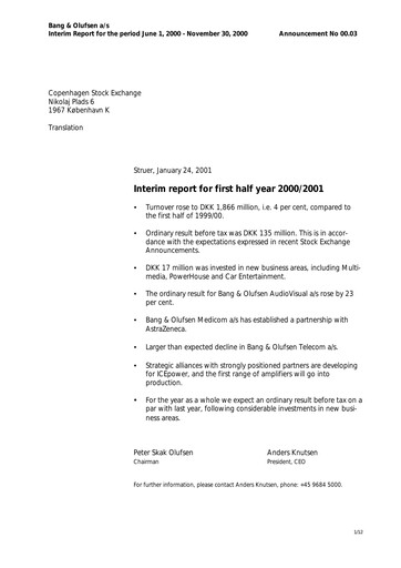Thumbnail Bang & Olufsen A/S Half-year Report 2000-2001-h1