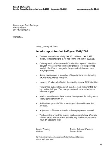 Thumbnail Bang & Olufsen A/S Half-year Report 2001-2002-h1