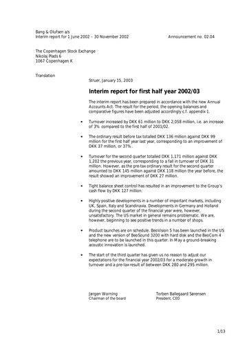 Thumbnail Bang & Olufsen A/S Half-year Report 2002-2003-h1