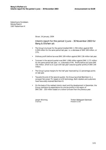 Thumbnail Bang & Olufsen A/S Half-year Report 2003-h1