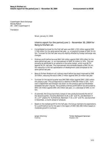 Thumbnail Bang & Olufsen A/S Half-year Report 2004-h1