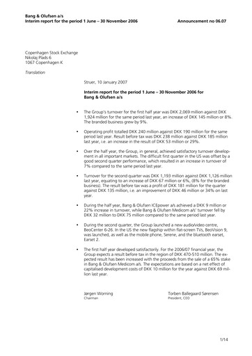 Thumbnail Bang & Olufsen A/S Half-year Report 2006-h1