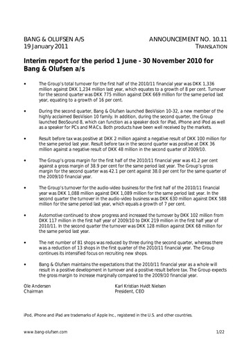 Thumbnail Bang & Olufsen A/S Half-year Report 2010-h1