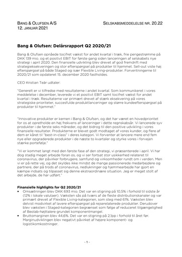 Thumbnail Bang & Olufsen A/S Quarterly Report 2020-q2