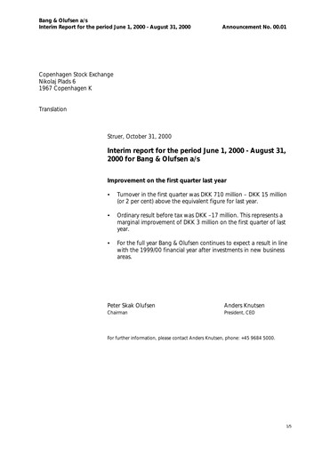 Thumbnail Bang & Olufsen A/S Quarterly Report 2000-2001-q1