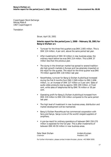 Thumbnail Bang & Olufsen A/S Quarterly Report 2000-2001-q3