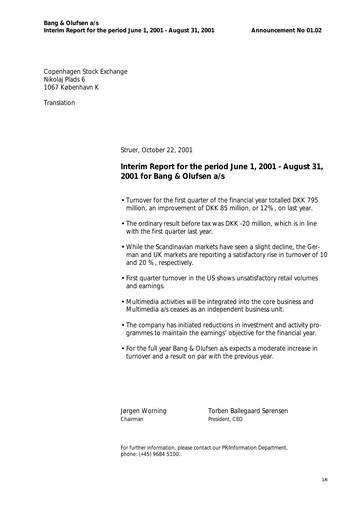 Thumbnail Bang & Olufsen A/S Quarterly Report 2001-2002-q1