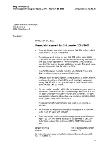 Thumbnail Bang & Olufsen A/S Quarterly Report 2001-2002-q3