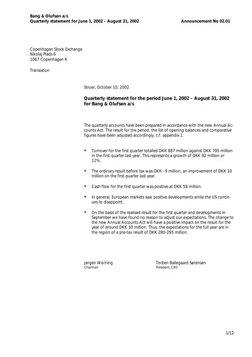 Thumbnail Bang & Olufsen A/S Quarterly Report 2002-2003-q1