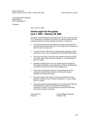 Thumbnail Bang & Olufsen A/S Quarterly Report 2002-2003-q3